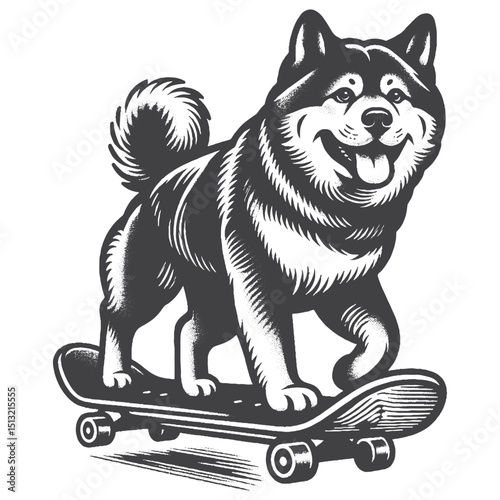 Vintage Hand-Drawn Akita Riding Skateboard Illustration – Rustic Engraved Style Vector For T-Shirts, Posters, Stickers, And Urban Pet Apparel