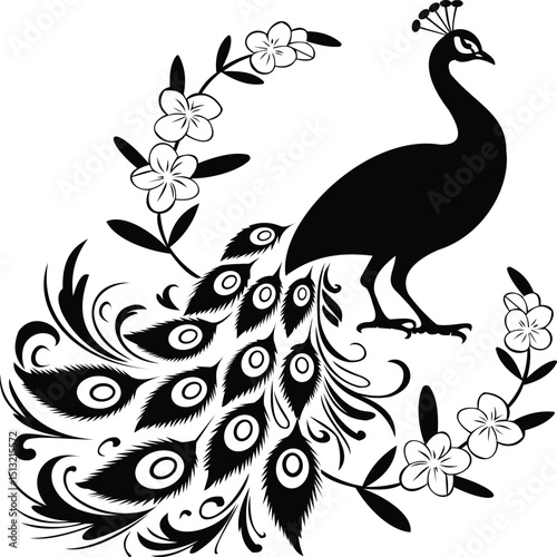 A beautiful silhouette illustration of a peacock with a flowing tail adorned with intricate patterns. The design is complemented by delicate flowers, capturing elegance and grace in a stunning visual 