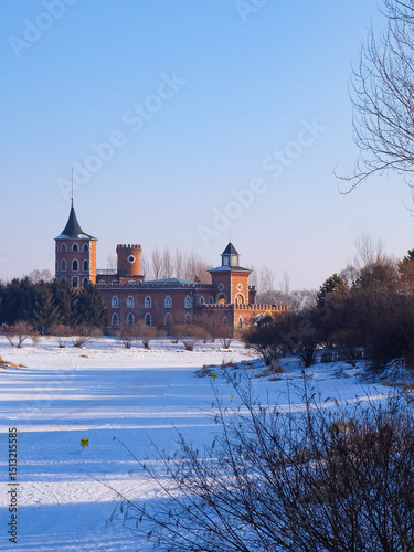 Volga manor, Russian village theme park with classic Russian architecture on a beautiful sunny winter day with a blue-sky, in Harbin, China 