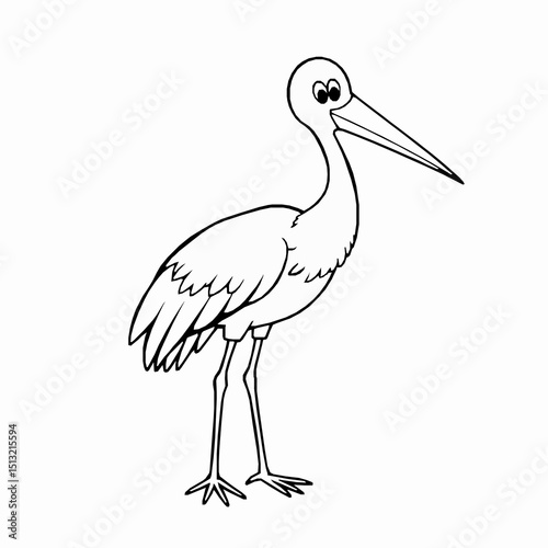 Black and white illustration of a cartoon stork depicting its features on a solid white background suitable for educational purposes