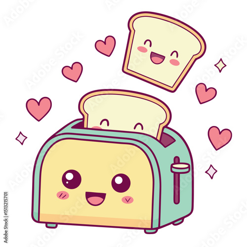 Joyful cartoon toaster is popping out cheerful bread amidst floating hearts and stars on white