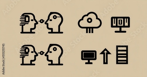 Stylized icon array: AI human interaction, cloud computing, data processing, storage, upload, and progress visualization on beige background.