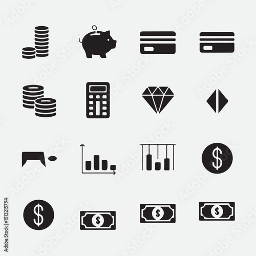 Set of minimalist black and white finance icons including piggy bank and credit card