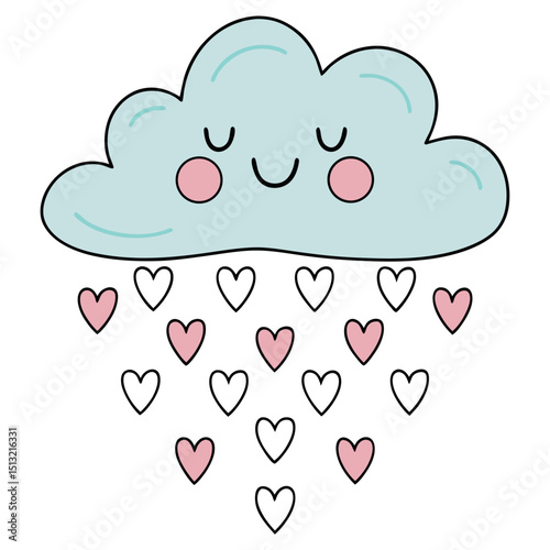 Smiling cartoon cloud gently rains down delicate hearts with transparent background feel adding charm