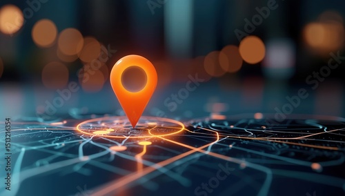Abstract navigational location pin with bright glowing orange light effects on a blurred urban cityscape backdrop, designed as a canvas-style digital map illustration symbol for travel and guidance. H