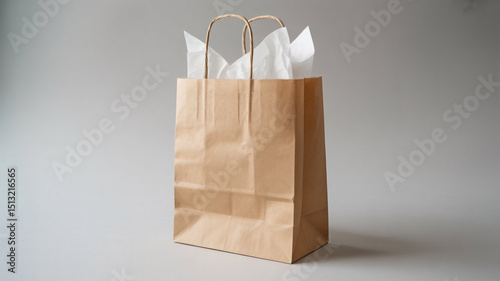 A brown paper shopping bag with white tissue paper peeking out, displayed on a neutral background