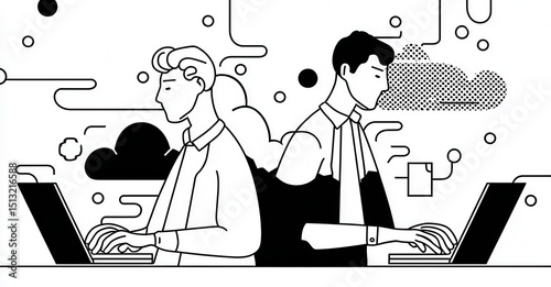 Two individuals working on laptops back-to-back, symbolizing collaboration or parallel tasks in a digital environment.