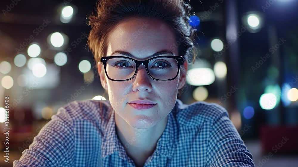 Person with glasses close up portrait with city night lights background
