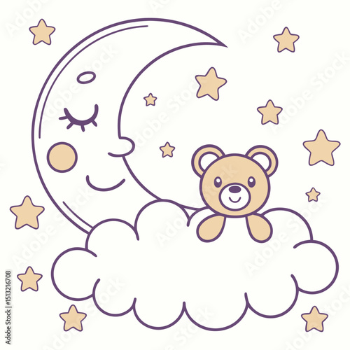 Smiling moon watches teddy bear sitting gently upon fluffy cloud amidst scattered stars
