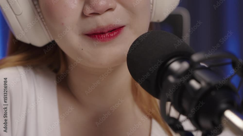 A close up mount of a young woman speaking into a microphone while podcasting, highlighting the clarity and intimacy of real-time communication. A close up mount of a young woman speaking into a microphone while podcasting, highlighting the clarity and intimacy of real-time communication.