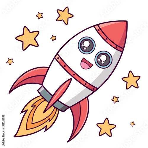 Smiling rocket ascends amidst sparkling stars, creating playful celestial charm in its ascent