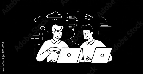 Teamwork in tech: Two developers collaborating on a project, utilizing cloud and processing power for efficient innovation. Black and white style.