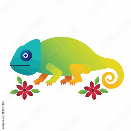 Colorful Chameleon Flat Vector Illustration with Flowers | Exotic Lizard Animal EPS