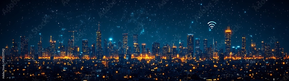 Fototapeta premium Illuminated cityscape at night, overlaid with digital network elements