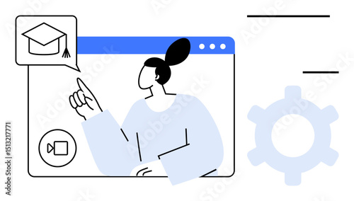 Person interacting with a virtual panel featuring a graduation cap and video call icon, supported by cogwheel symbolizing tools. Ideal for education, webinar, remote learning, online tools