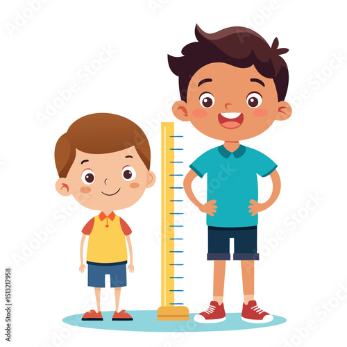 Two Cartoon Boys of Different Heights Standing Beside a Height Chart on White