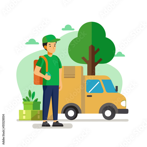 A delivery truck with a friendly logo stands beside a man holding boxes at a delivery hub. Modern, flat illustration for business and logistics concepts.
