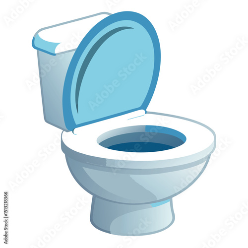 White Ceramic Toilet Bowl with Blue Accents and Open Lid on Isolated Background