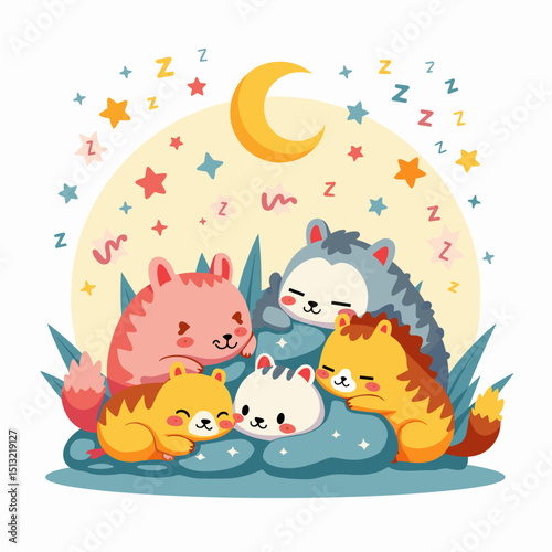 Playful Cartoon Animals Sleeping Vector: Adorable Illustration of Sleepy Creatures in Dreamland with Zzz's and Moon Icons. Fun Animal Sleep Clipart for Children's Designs. Whimsical Sleeping Animals