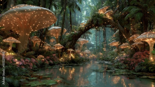 Tall enchanted mushrooms grow along the river bank, tree archway, fantasy fairyland illustration photo