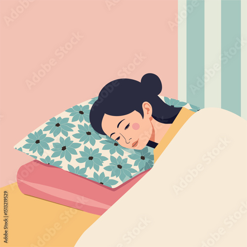 Geometric Floral Serenity: A Modern Vector Illustration of Peaceful Rest. Head on Pillow of Interconnected Flowers. Pastel Colors, Sleep, Tranquility and Floral Motifs. Perfect for World Sleep Day.
