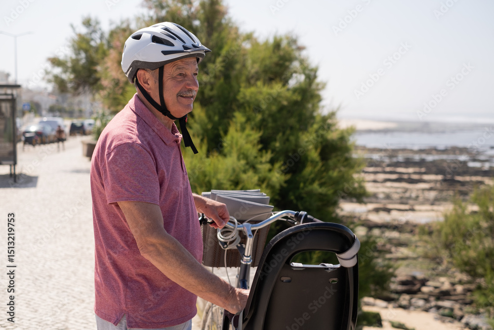 Naklejka premium Elderly Man with Mustache and Helmet Riding a Bicycle