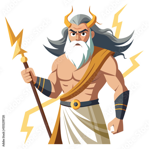 Zeus with Lightning, Horns, Beard, Staff, Mythology, Greek God, Power