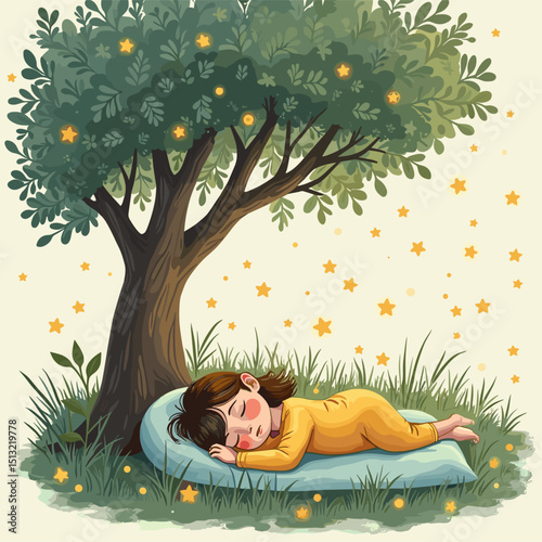 Nature's Lullaby: Peaceful Outdoor Sleep Scene with Fireflies. Vector Art for Relaxation and Wellness. Organic Illustration of Serenity and Tranquility under a Tree. Dreamy Sleepscape: Vector Graphic