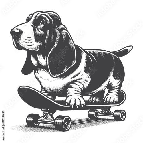 Vintage Hand-Drawn Basset Hound Riding Skateboard Illustration – Playful Dog Engraved Style Vector for T-Shirts, Posters, Stickers, and Canine Themes Apparel
