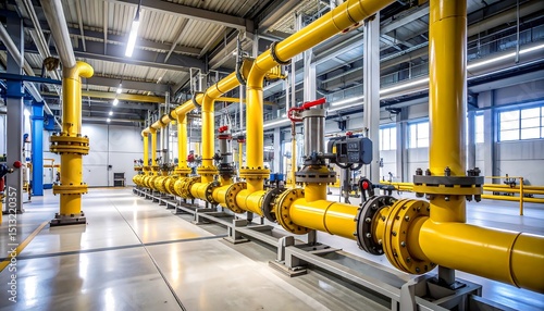 Yellow Pipelines Across Concrete Floor Inside Natural Gas Processing Plant