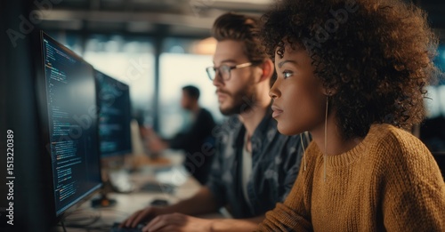 Two focused software engineers work side-by-side, intently coding at their computers in a modern, collaborative office environment.