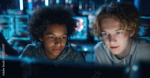 Focused youths working together using computers, illuminated by screen glow, indicates coding or gaming in a modern, tech-driven environment.