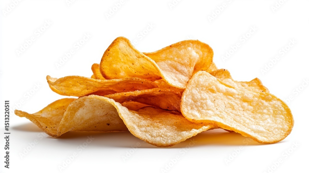 Golden potato crisps pile isolated against a bright white background, showcasing texture and savory deliciousness for snacking enjoyment and party treats Golden potato crisps pile isolated against a bright white background, showcasing texture and savory deliciousness for snacking enjoyment and party treats