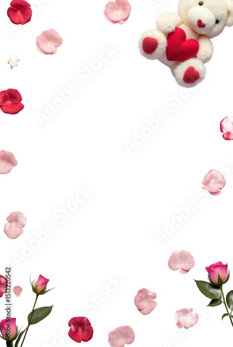 A Romantic Valentine’s Day Composition Featuring a Small White Teddy Bear Holding a Red Heart Seated on a Soft Background