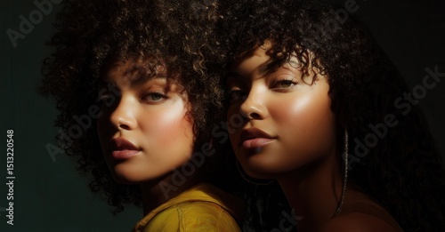 A captivating portrait highlighting the natural beauty of two women with radiant complexions and voluminous curly hair. Beauty and elegance are emphasized.