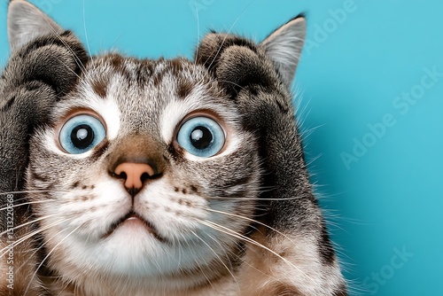 portrait of a surprised cat with paws over its head photo