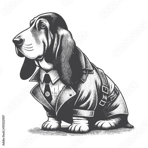 Vintage Hand-Drawn Basset Hound Dressed As Detective Illustration – Rustic Engraved Style Vector For T-Shirts, Posters, Stickers, And Sleuth Pet Apparel