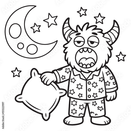 Sleepy Pajama Monster Under the Moon and Stars Holding a Blanket – Cute Cartoon Line Art Illustration for Kids