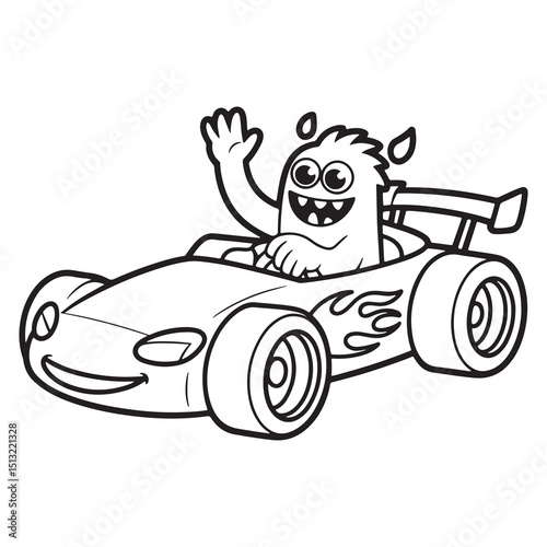 Cute Monster Driving a Race Car – Line Art for Kids
