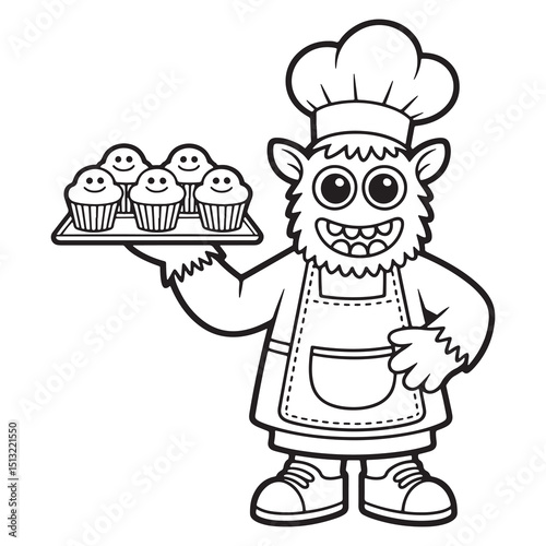 Smiling Monster Chef Holding Tray of Cupcakes – Fun Baking-Themed Cartoon Line Art Illustration for Kids
