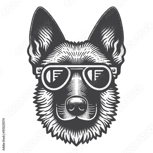 Vintage Hand-Drawn Belgian Malinois Head With Sunglasses Illustration – Rustic Engraved Style Vector For T-Shirts, Posters, Stickers, And Cool Pet Apparel