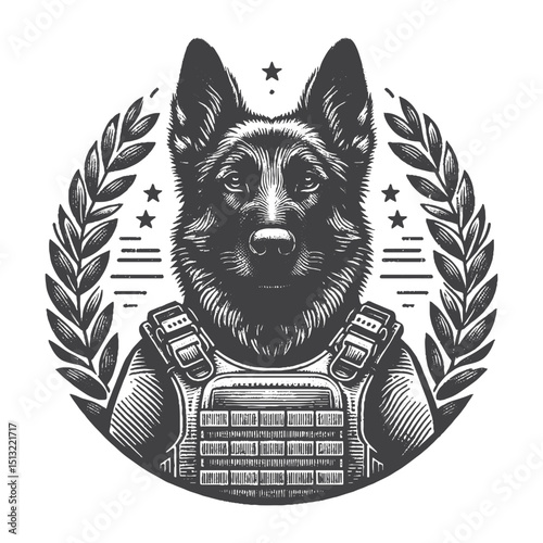 Vintage Hand-Drawn Belgian Malinois Head Wearing Tactical Vest Illustration – Rustic Engraved Style Vector For T-Shirts, Posters, Stickers, And Brave Pet Apparel