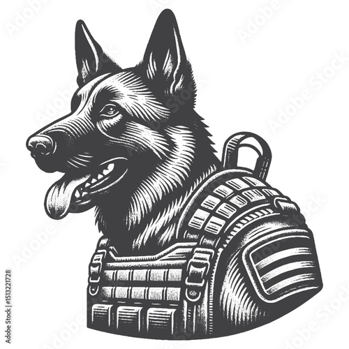 Vintage Hand-Drawn Belgian Malinois Head Wearing Tactical Vest Illustration – Rustic Engraved Style Vector For T-Shirts, Posters, Stickers, And Brave Pet Apparel