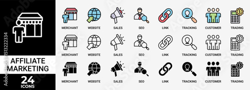 AFFILIATE MARKETING icon set with various styles and colors of trading, seo, tracking, customer, link, sales, website, merchant icon live stroke