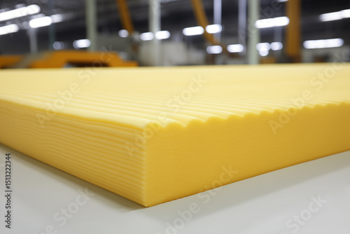 Close up of a thick piece of foam rubber showing its layered structure, inside a mattress factory