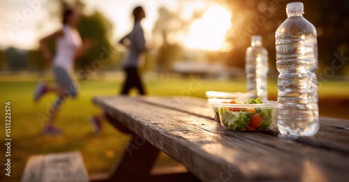 Healthy picnic with salad and water after exercise, promoting healthy eating and exercise, balanced lifestyle with nature and activity.