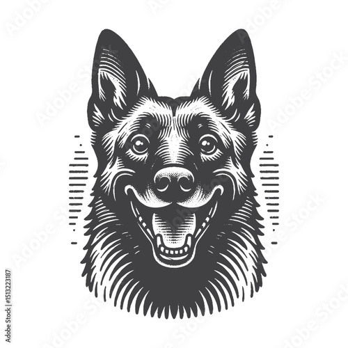 Vintage Hand-Drawn Belgian Malinois Grinning Mischievously Illustration – Rustic Engraved Style Vector For T-Shirts, Posters, Stickers, And Playful Pet Apparel
