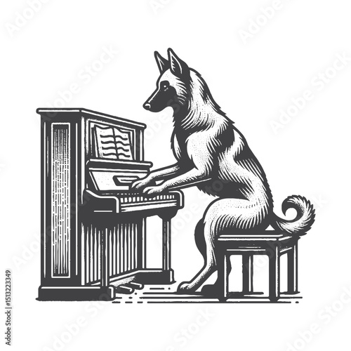 Vintage Hand-Drawn Belgian Malinois Playing Piano Illustration – Rustic Engraved Style Vector For T-Shirts, Posters, Stickers, And Musical Pet Apparel