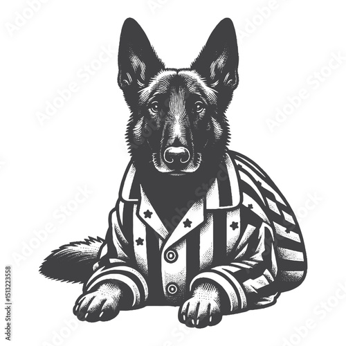 Vintage Hand-Drawn Belgian Malinois Wearing Pajamas Illustration – Rustic Engraved Style Vector For T-Shirts, Posters, Stickers, And Cozy Pet Apparel