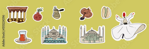 Set of stickers hand drawing, line art simple art, Turkish, Istanbul landmarks, symbols, famous places. Collection of isolated Vector illustrations.